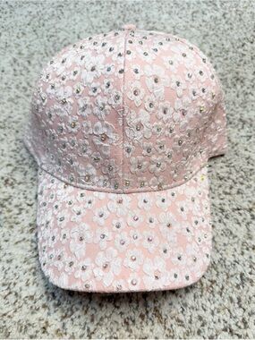 Boutique Pink Floral Embroidered Baseball Cap with Rhinestones NWT
